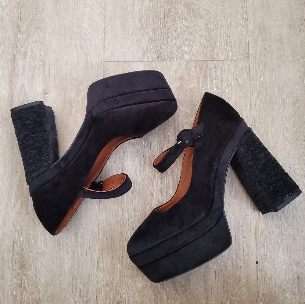 Castaner Suede Braided Black Platform Mary Jane Heel Shoes Spain 39 EU/8 US